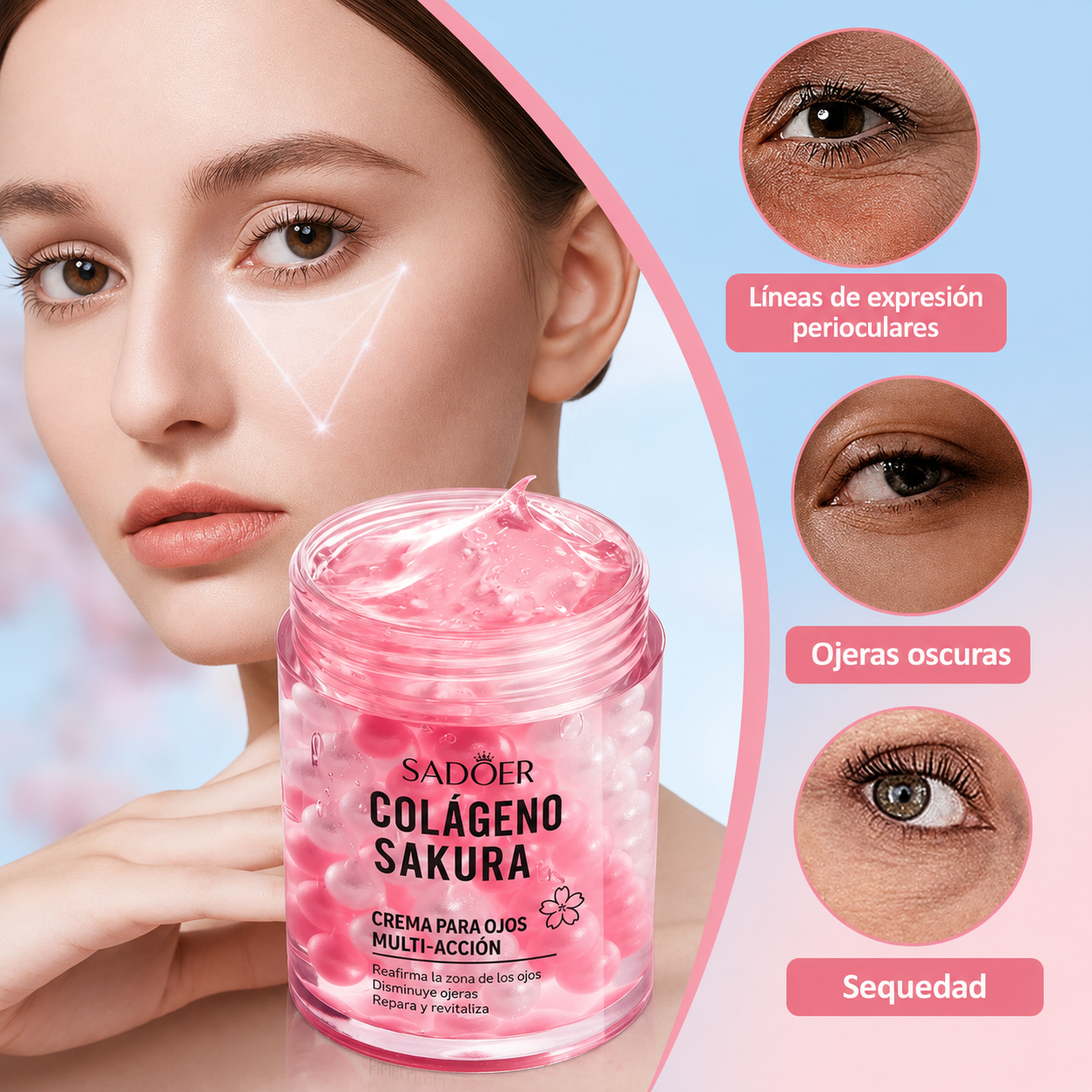Crema para el contorno de ojos SADOER con extracto de sakura: hidratante y antiedad; combate ojeras y arrugas.