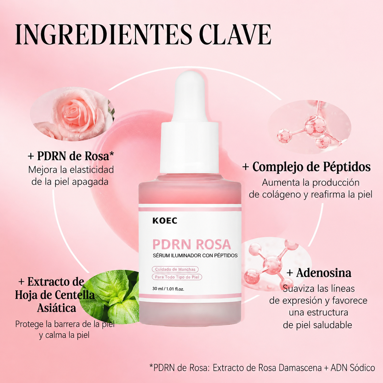 Sérum facial iluminador de 30 ml con PDRN de salmón y péptidos rosas; trata manchas oscuras, unifica el tono, mejora la elasticidad, suaviza y reafirma; contiene adenosina.
