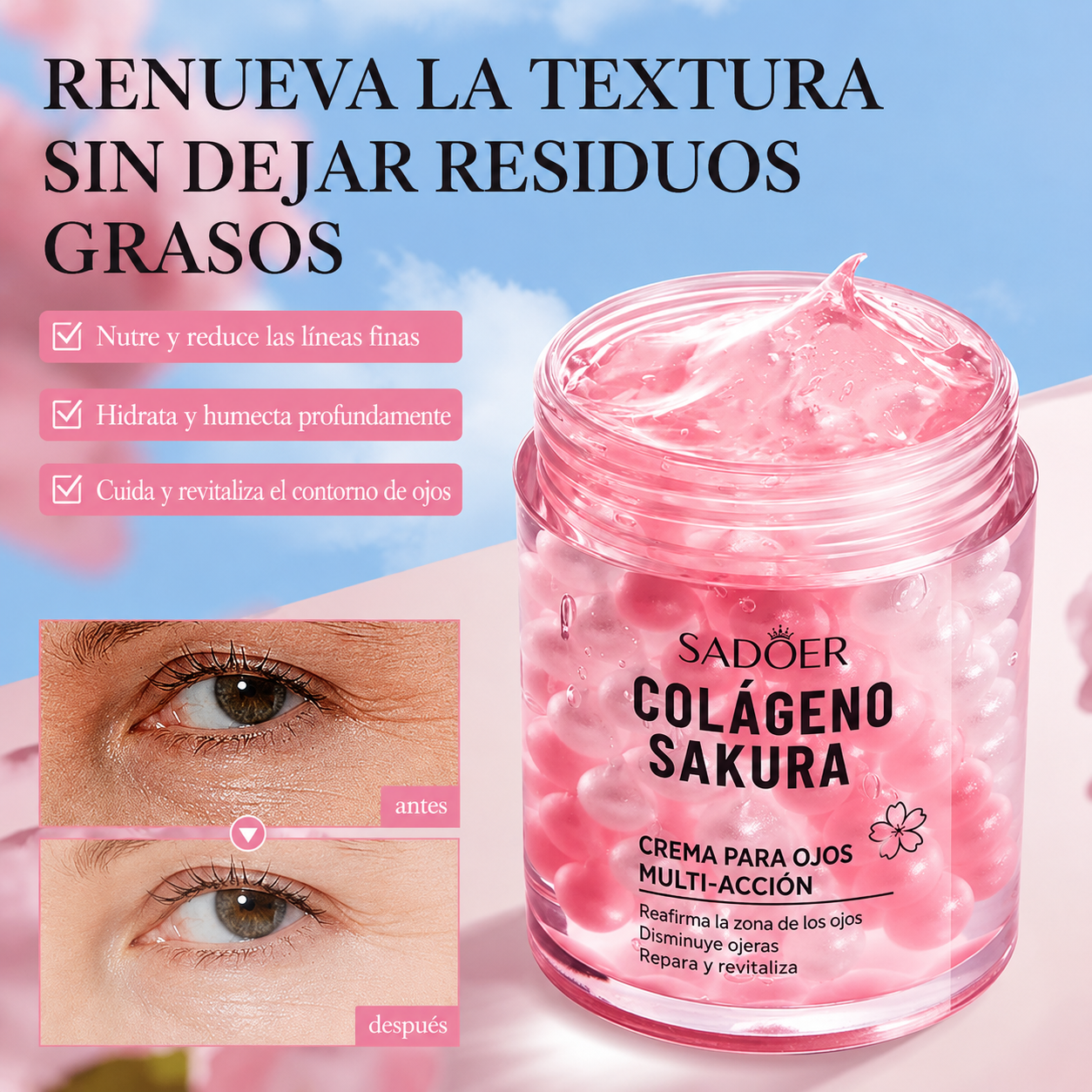 Crema para el contorno de ojos SADOER con extracto de sakura: hidratante y antiedad; combate ojeras y arrugas.