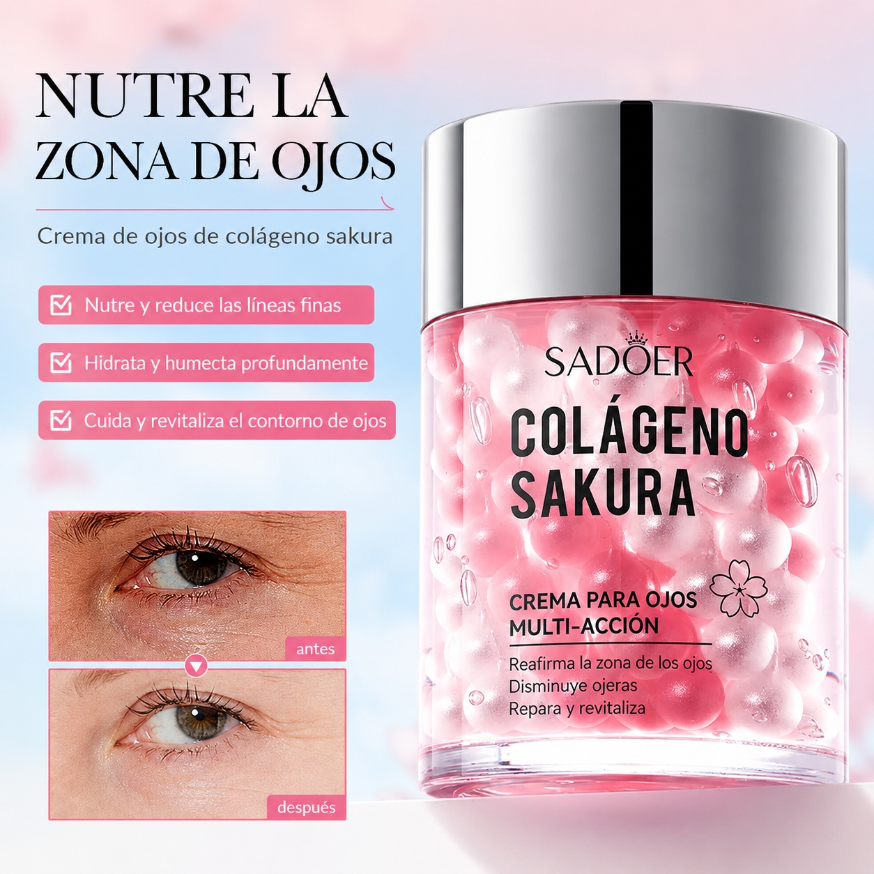 Crema para el contorno de ojos SADOER con extracto de sakura: hidratante y antiedad; combate ojeras y arrugas.