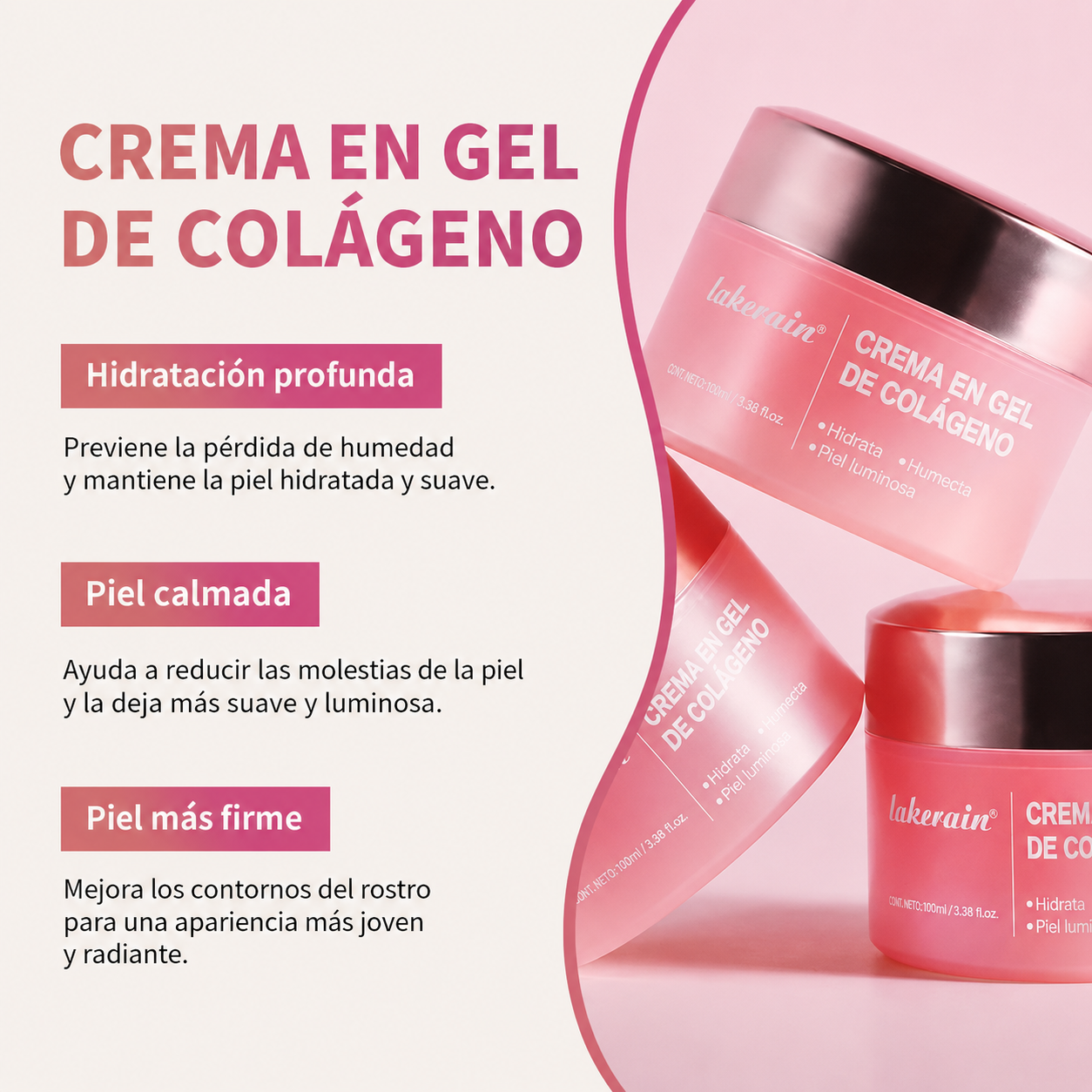 Crema en gel de colágeno (100 ml) con niacinamida: reafirmante, calmante, hidratante y antiedad; cuidado de la piel y gel facial.