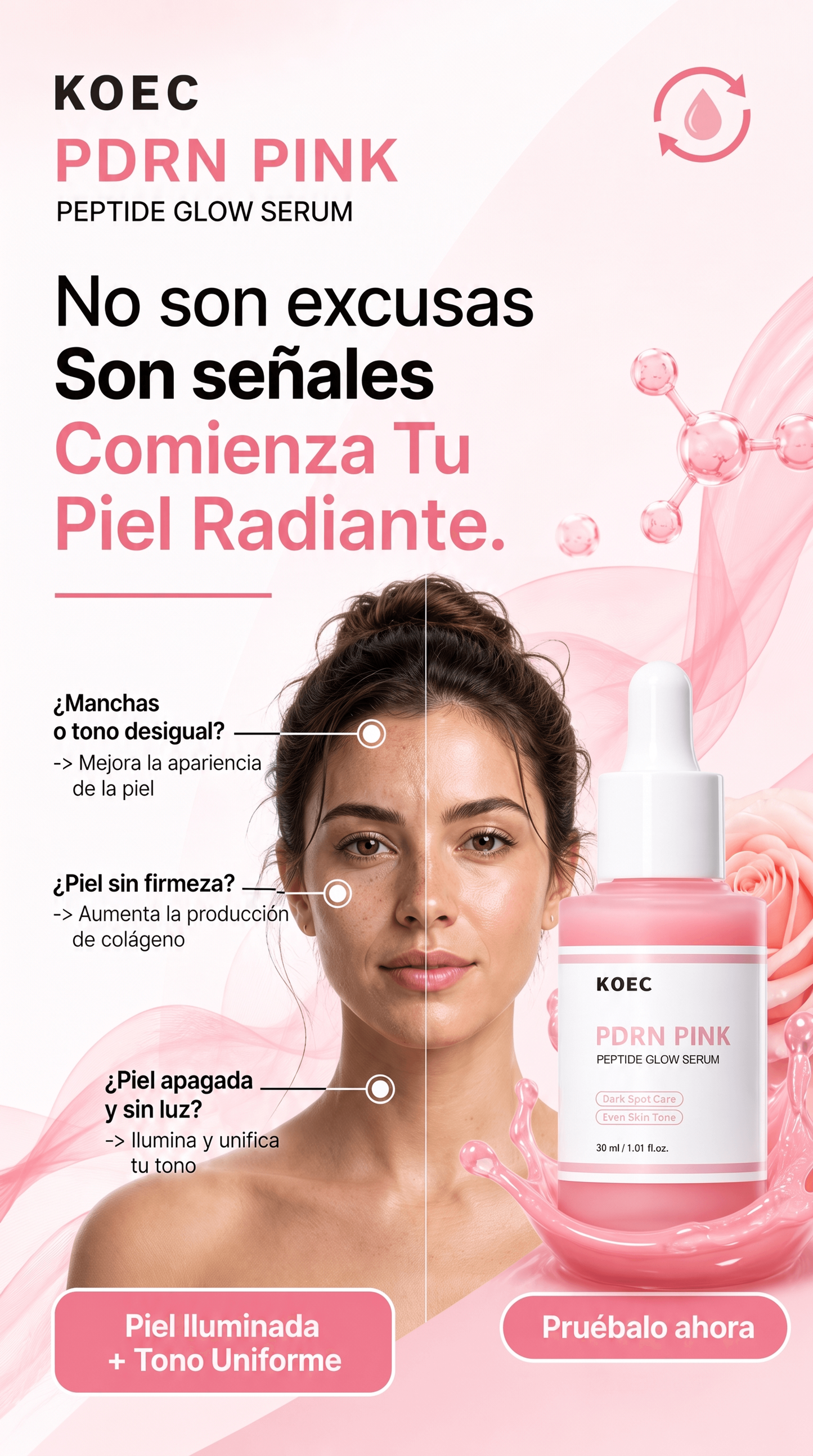 Sérum facial iluminador de 30 ml con PDRN de salmón y péptidos rosas; trata manchas oscuras, unifica el tono, mejora la elasticidad, suaviza y reafirma; contiene adenosina.