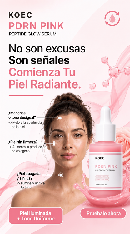 Sérum facial iluminador de 30 ml con PDRN de salmón y péptidos rosas; trata manchas oscuras, unifica el tono, mejora la elasticidad, suaviza y reafirma; contiene adenosina.